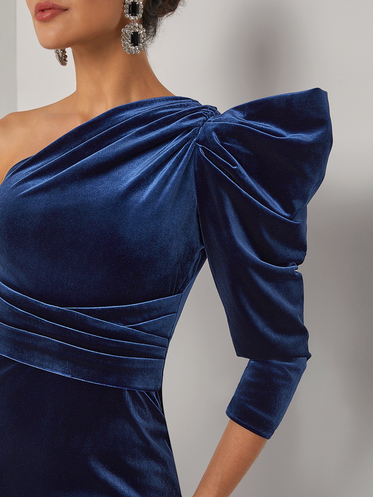 Royal Blue Velvet One Shoulder Three Quarter Sleeve Sheath Midi Dress