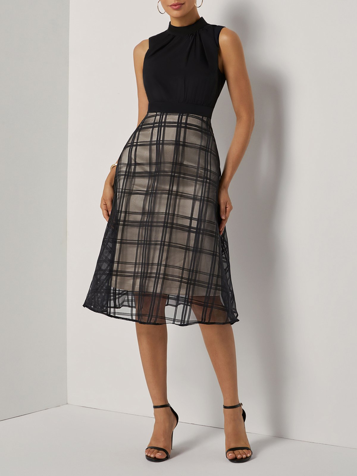 Black Organza Classic Crew Neck Sleeveless A-Line Midi Dress