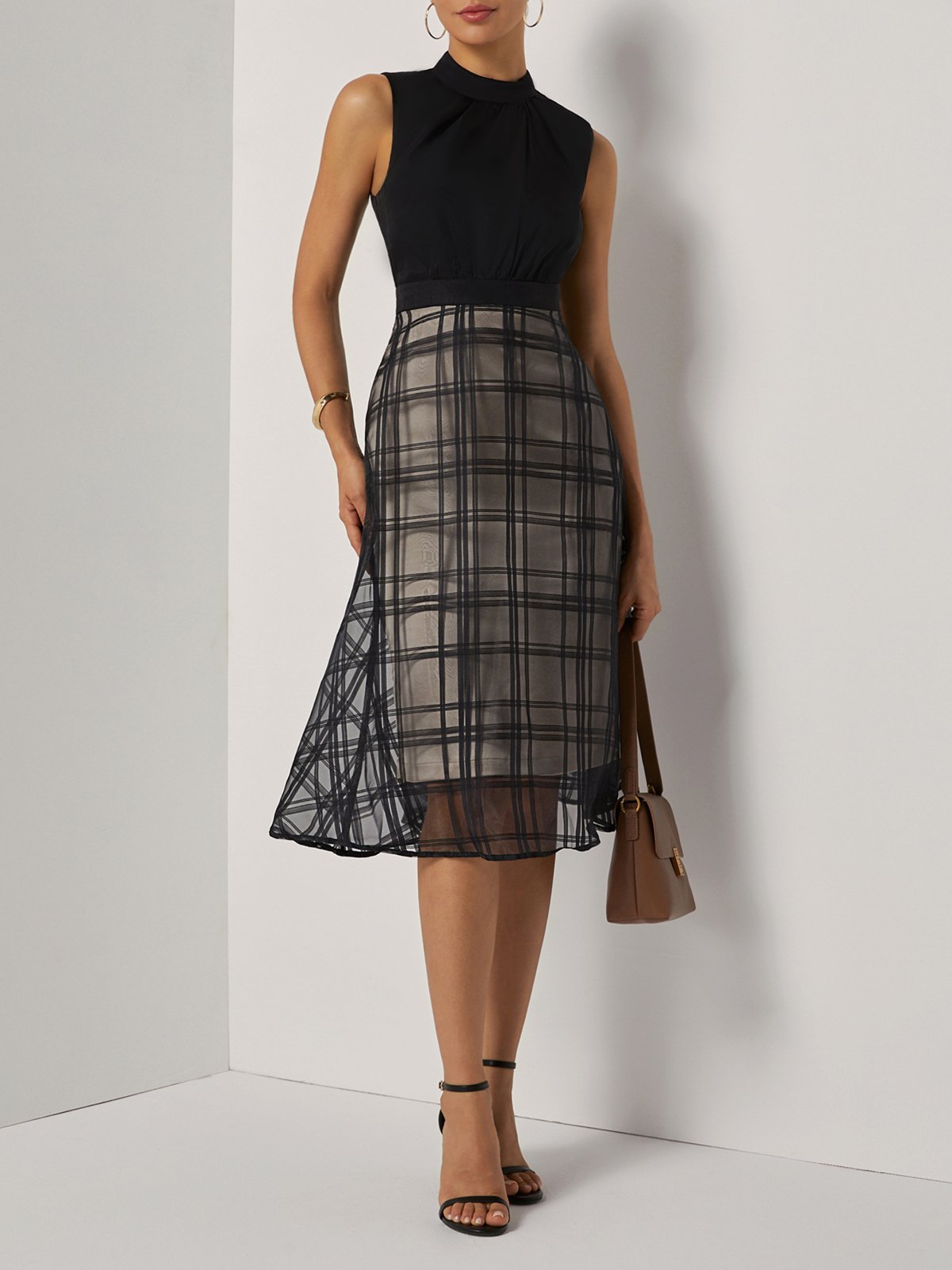 Black Organza Classic Crew Neck Sleeveless A-Line Midi Dress