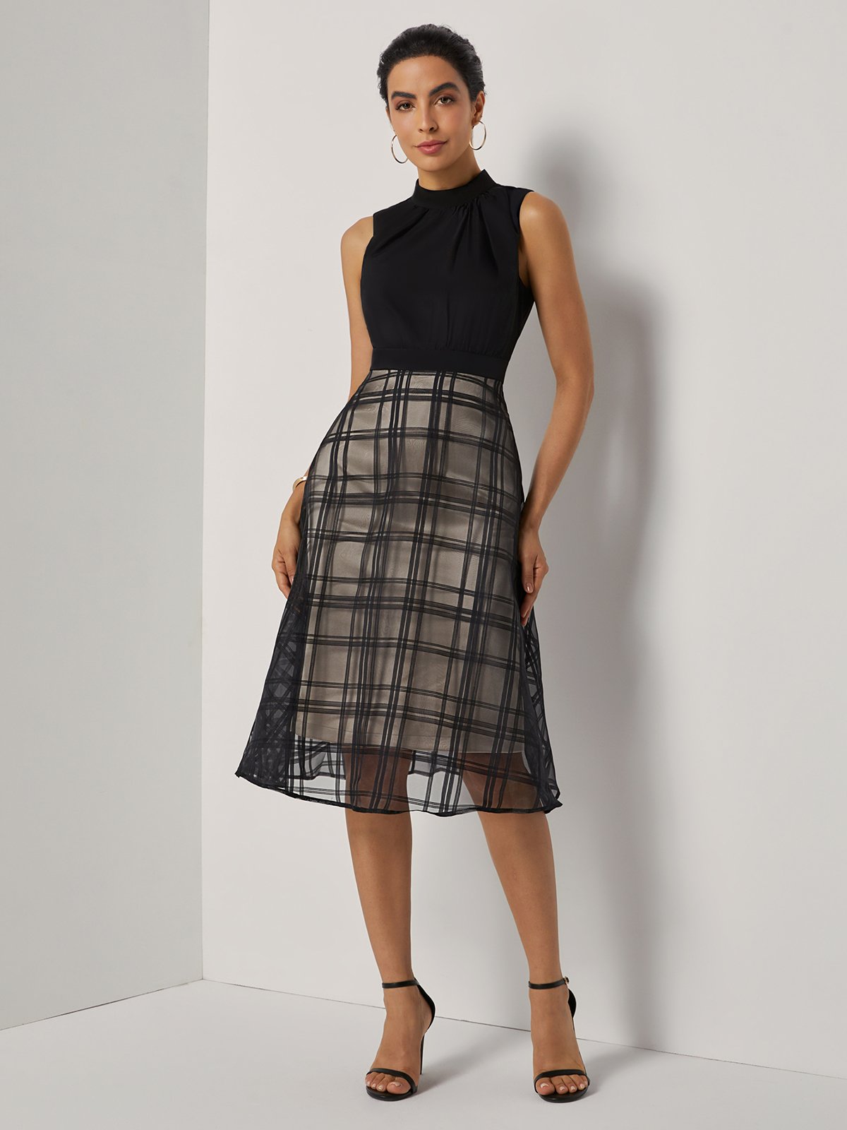 Black Organza Classic Crew Neck Sleeveless A-Line Midi Dress