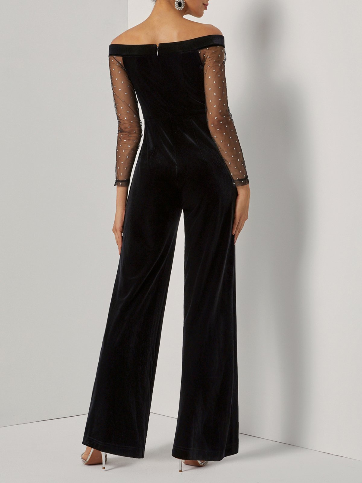 Women Velvet Black Mesh Off The Shoulder Long Sleeve Dressy Jumpsuit