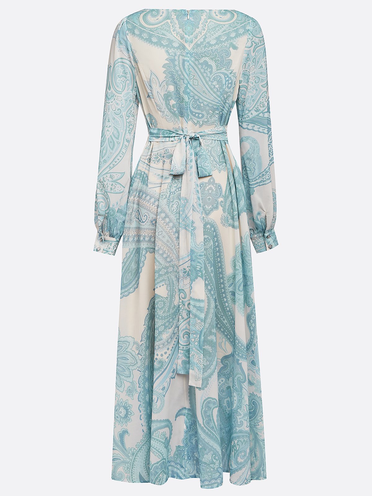 Light Blue Paisley Chiffon Crew Neck Long Sleeve Balloon Sleeve A-Line Maxi Dress