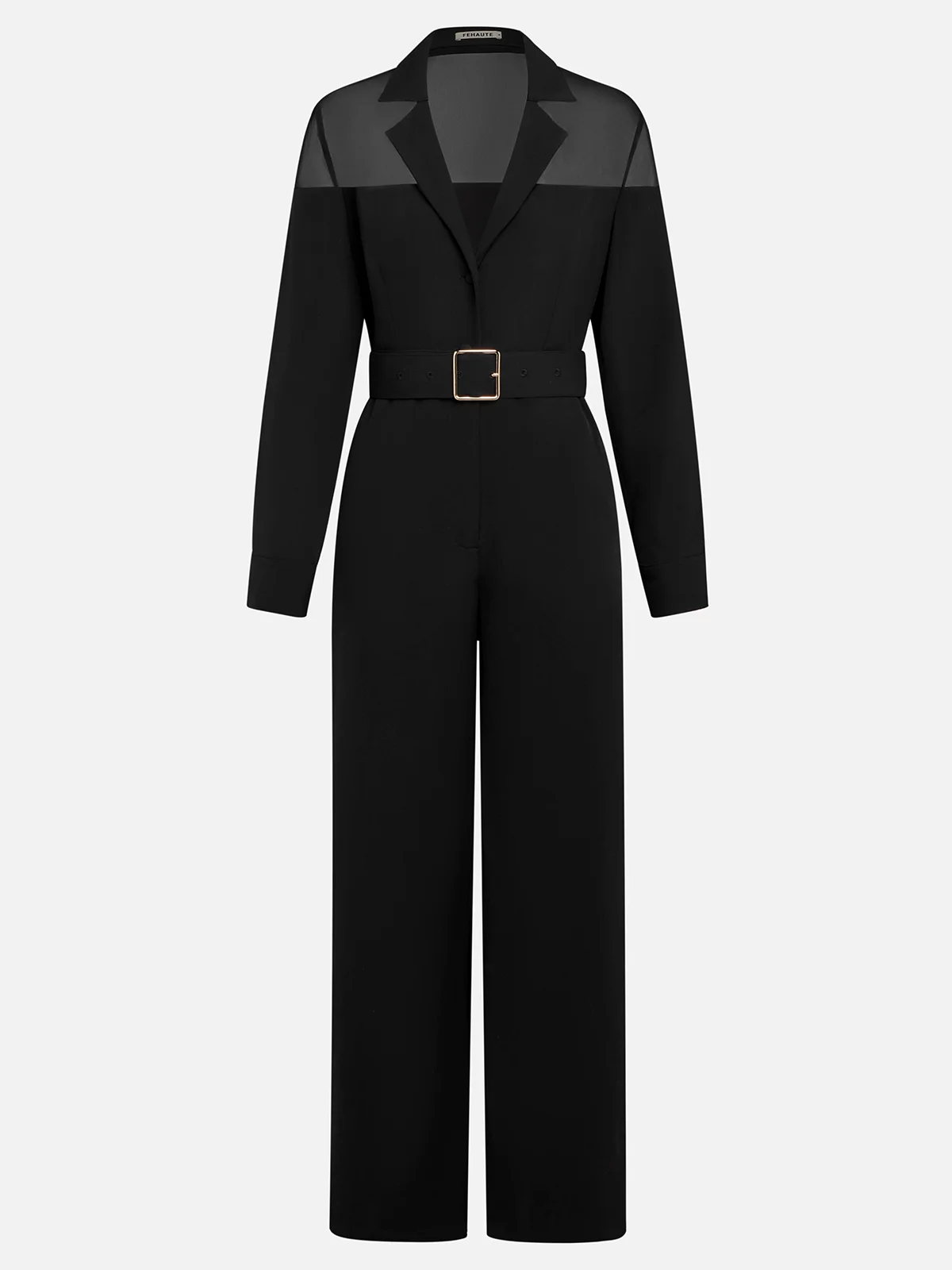 Women Black Mesh Lapel Collar Long Sleeve Dressy Jumpsuit