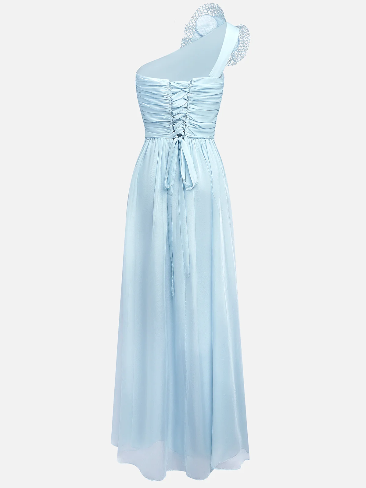 Light Blue Removable 3D Floral Ruched Chiffon One Shoulder Sleeveless Sheath Gown Dress