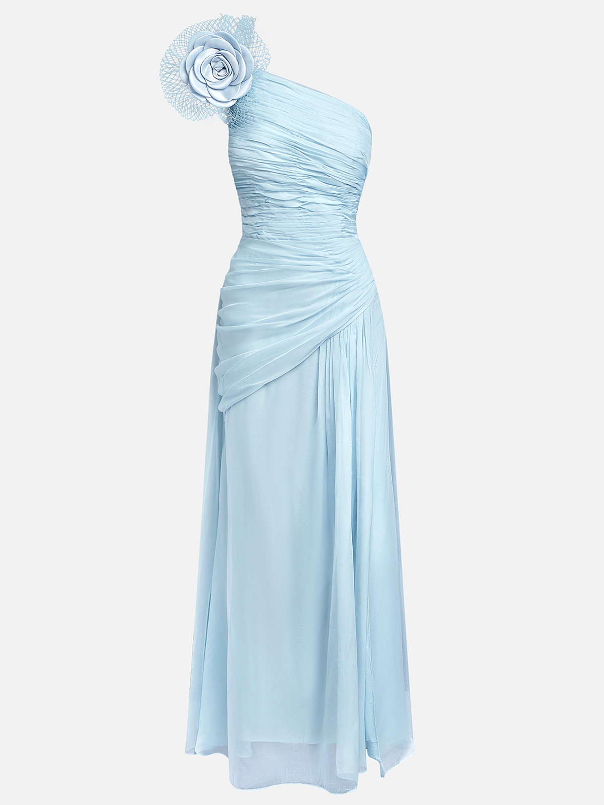 Light Blue Removable 3D Floral Ruched Chiffon One Shoulder Sleeveless Sheath Gown Dress