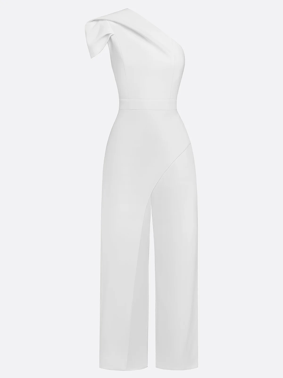 Women White Ruched One Shoulder Short Sleeve Regular Sleeve Dressy Top with Pants Two-Piece Set