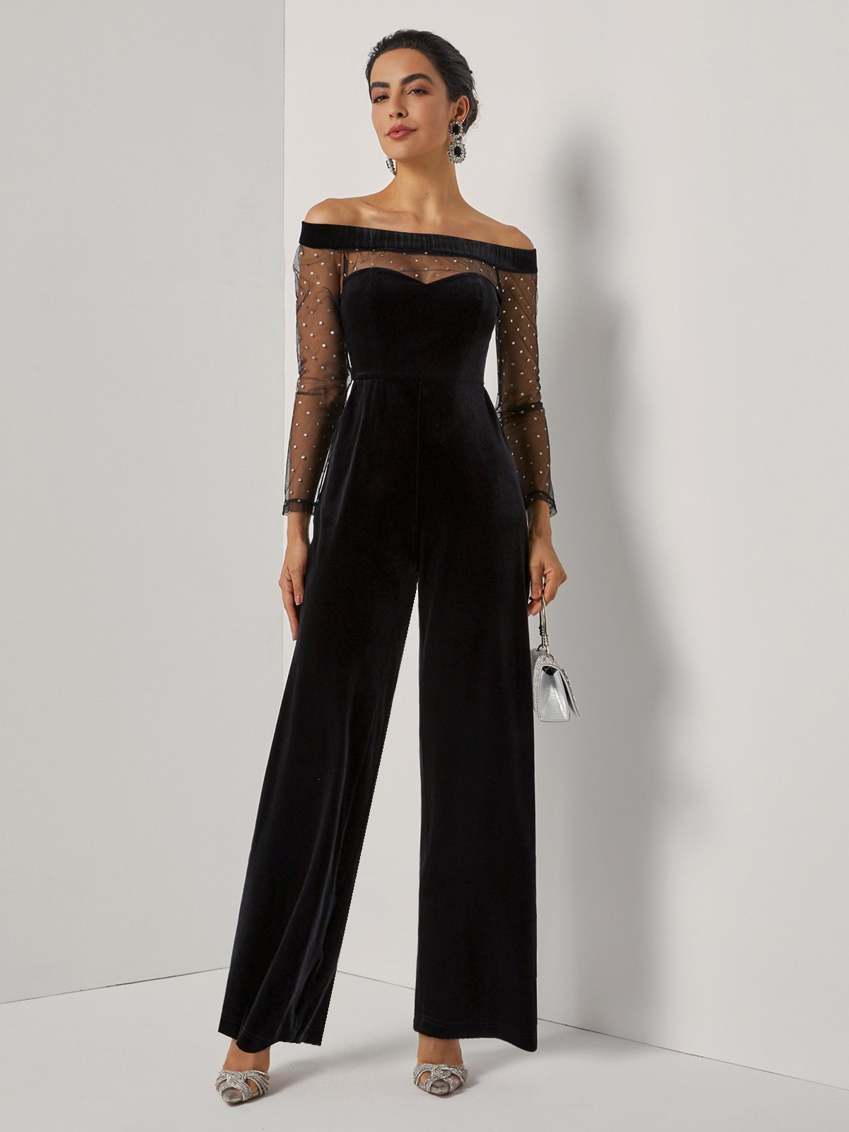 Women Velvet Black Mesh Off The Shoulder Long Sleeve Dressy Jumpsuit