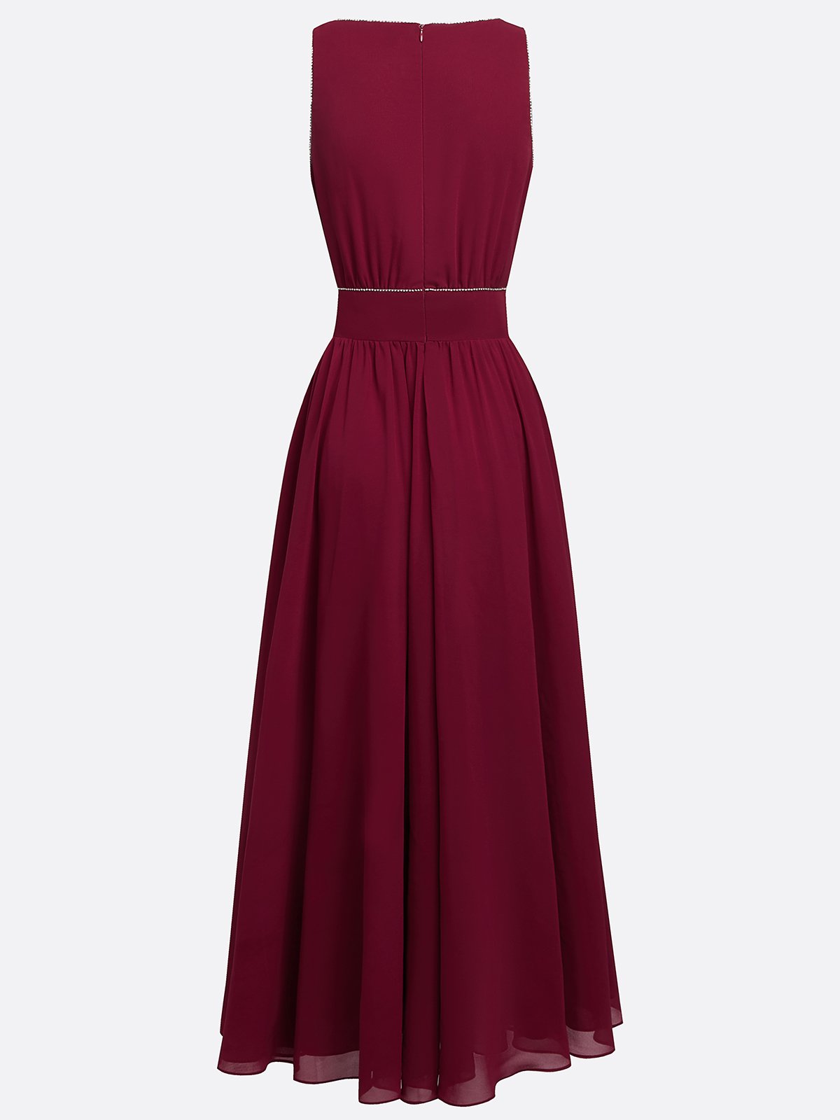 Wine Red Rhinestone Classic V Neck Sleeveless A-Line Maxi Dress