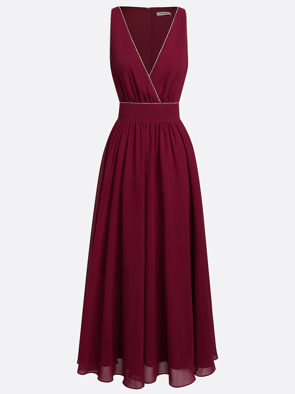 Wine Red Rhinestone Classic V Neck Sleeveless A-Line Maxi Dress