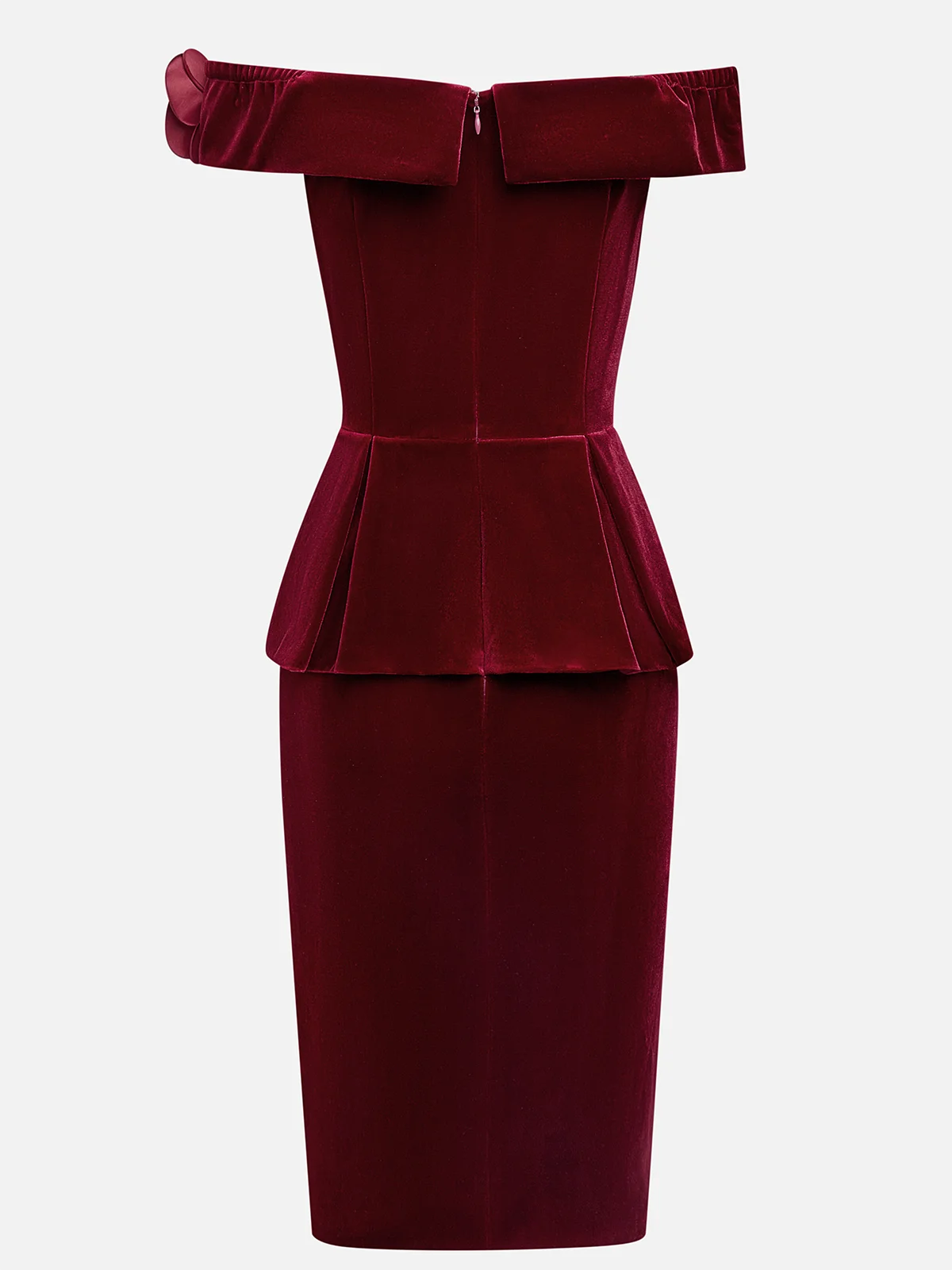 Wine Red 3D Floral Peplum Velvet Off The Shoulder Short Sleeve Sheath Midi Dress
