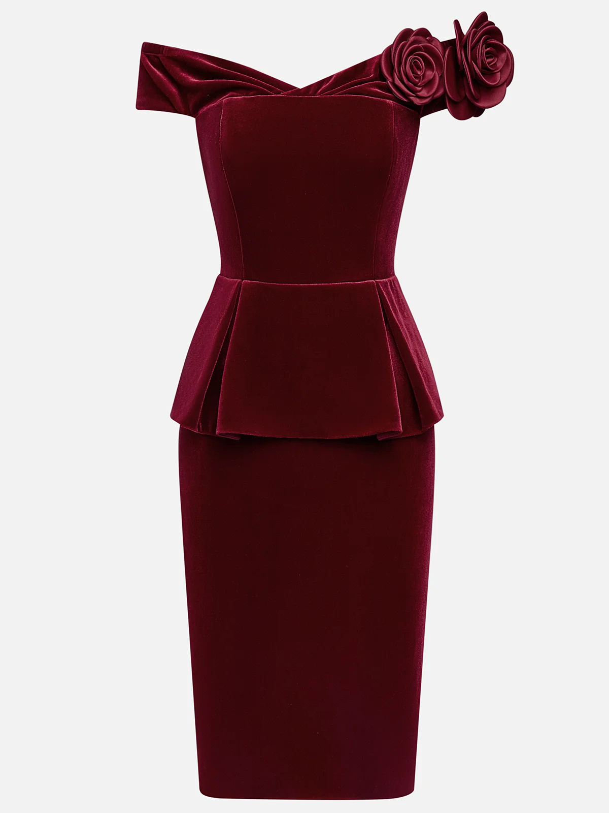 Wine Red 3D Floral Peplum Velvet Off The Shoulder Short Sleeve Sheath Midi Dress