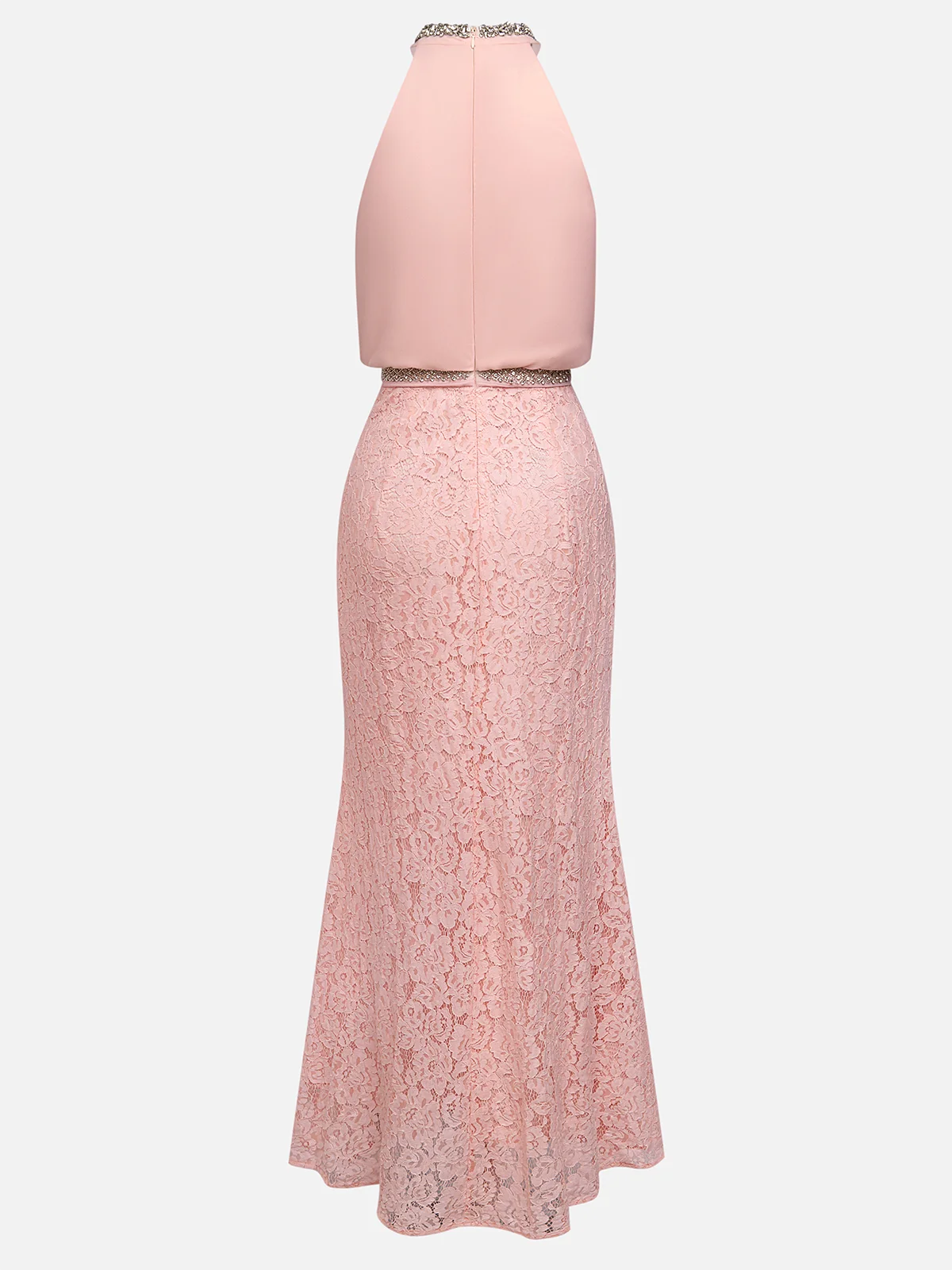 Pink Rhinestone Ruched Lace Crew Neck Sleeveless Mermaid Maxi Dress