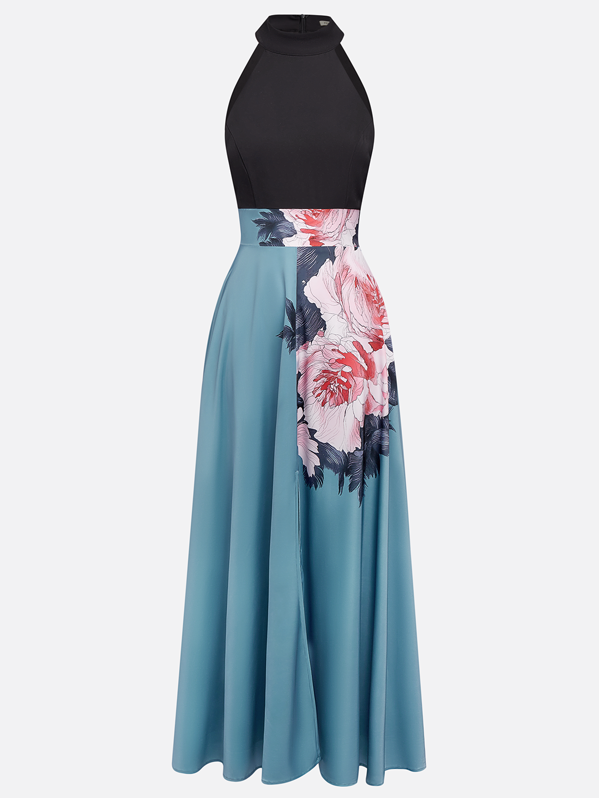 Black Slit Floral Satin Halter Sleeveless A-Line Maxi Dress