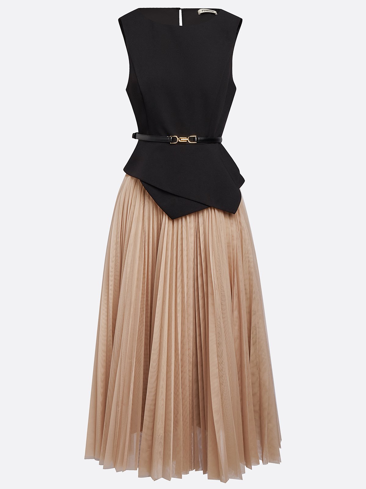 Light Khaki Pleated Asymmetrical Boat Neck Top with Skirt Two-Piece Set With Belt