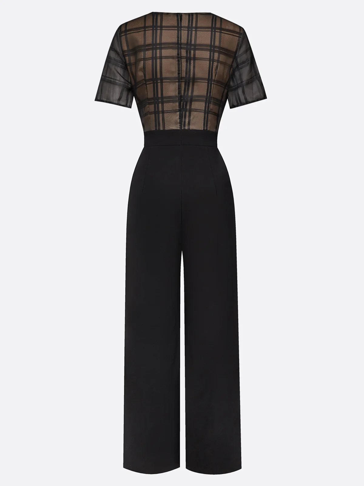 Women Black Organza V Neck Short Sleeve Dressy Jumpsuit