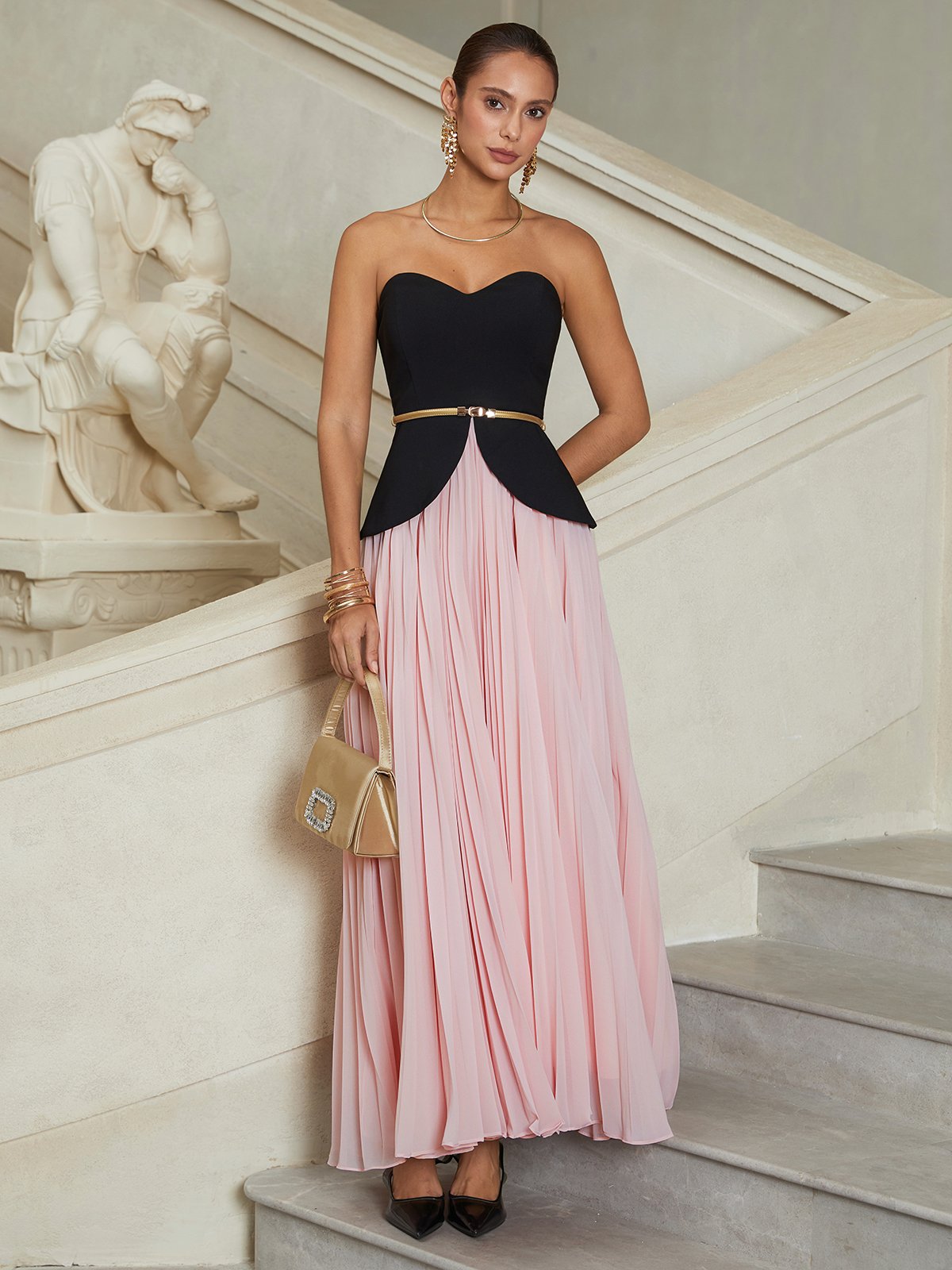 Women Black Pink Pleated Strapless Sleeveless Dressy Top With Skirt Two-Piece Set