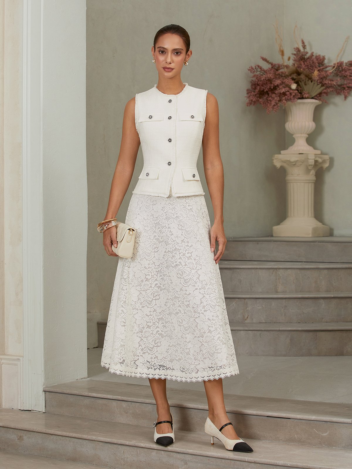 Women Tweed White Buckle Pocket Stitching Crew Neck Sleeveless Dressy Coat With Skirt Two-Piece Set
