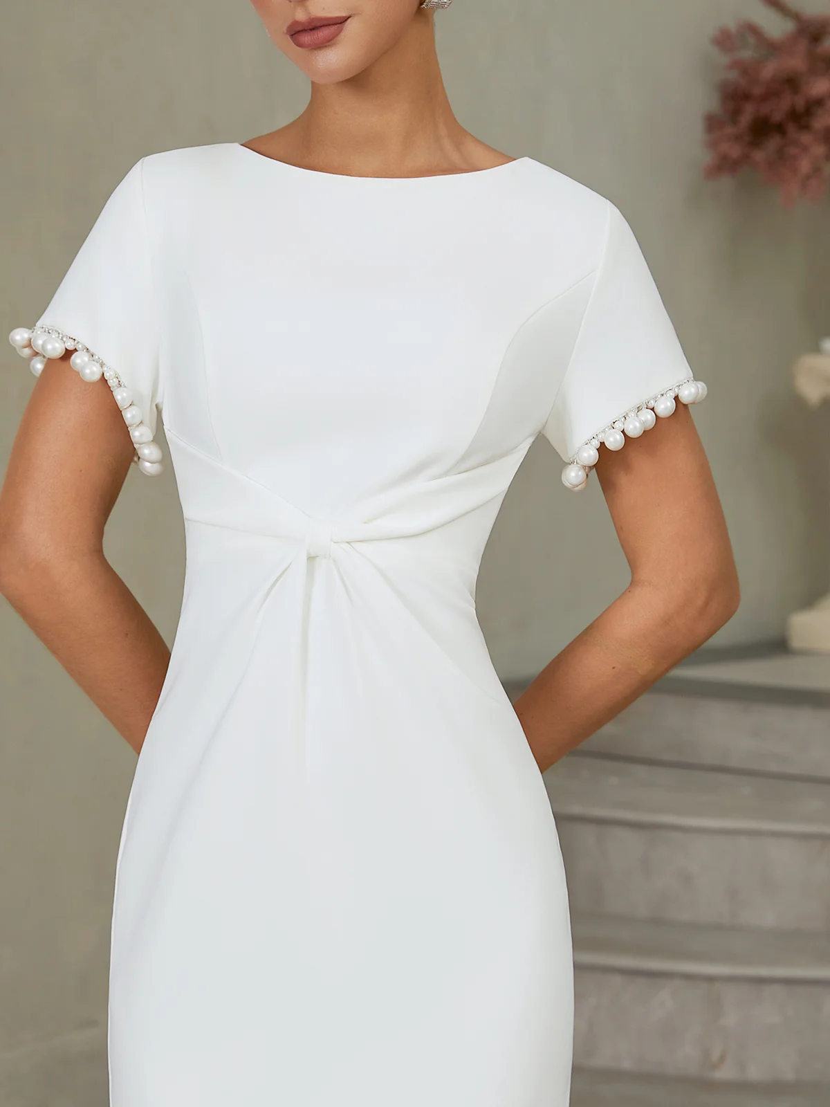 White Imitation Pearls Knot Front Classic Boat Neck Short Sleeve Sheath Midi Dress