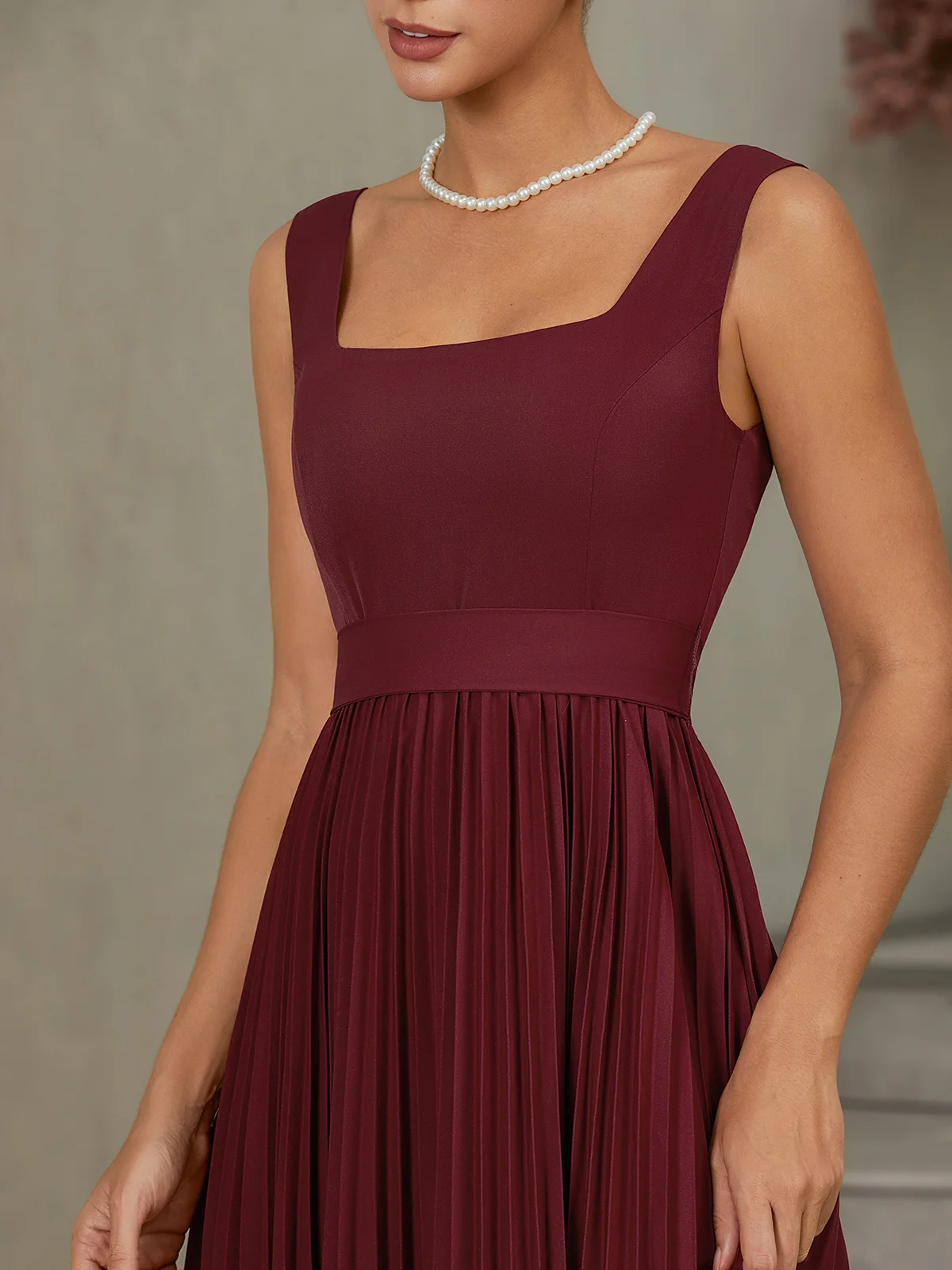 Wine Red Pleated Classic Square Neck Sleeveless A-Line Maxi Dress