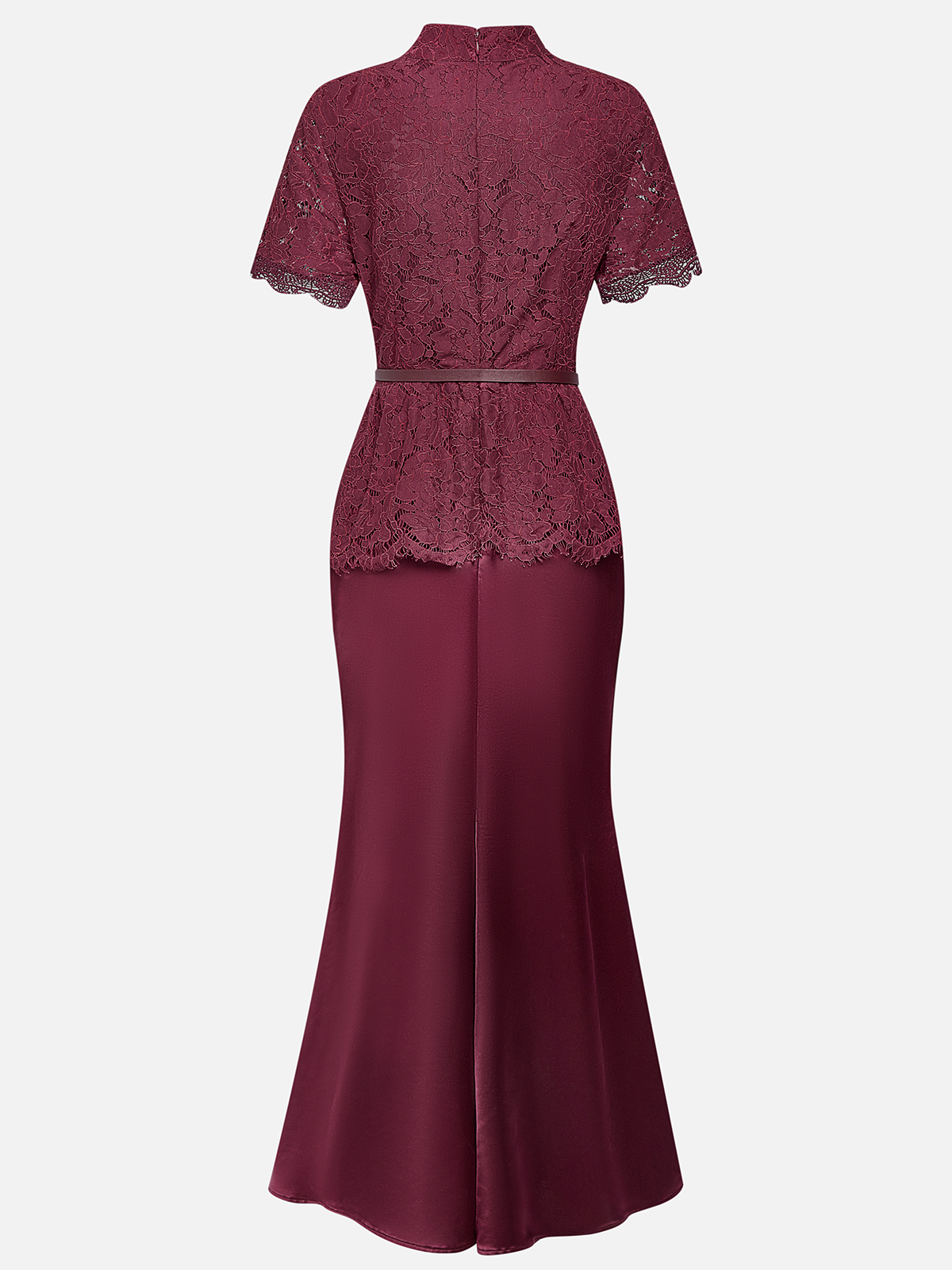Wine Red Buckle Lace Classic Mock Neck Short Sleeve Mermaid Maxi Dress