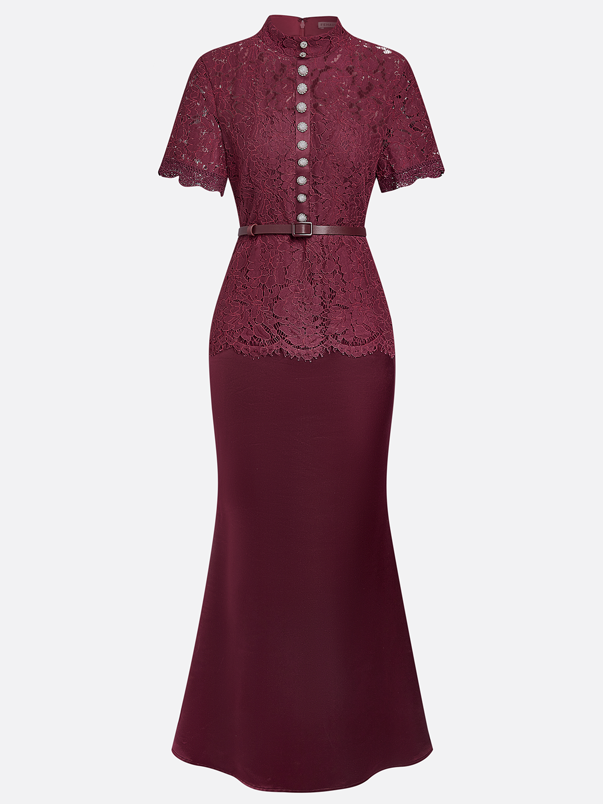 Wine Red Buckle Lace Classic Mock Neck Short Sleeve Mermaid Maxi Dress
