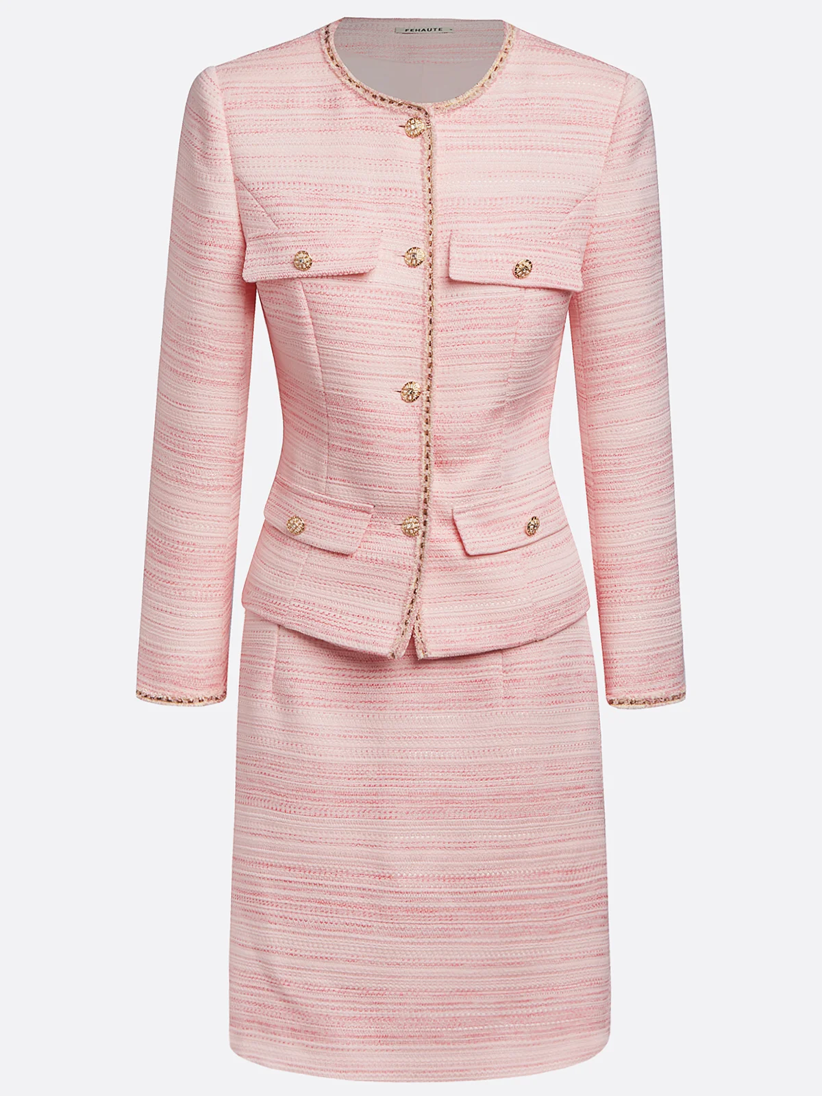 Women Light Pink Piping Buckle Crew Neck Long Sleeve Dressy Coat With Skirt Two-Piece Set