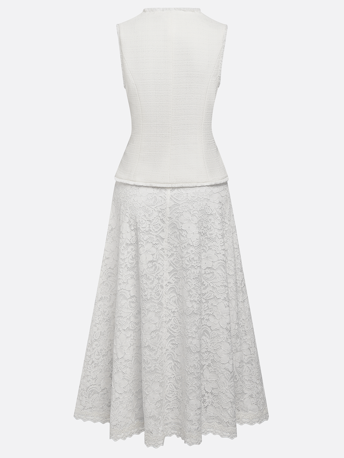 Women Tweed White Buckle Pocket Stitching Crew Neck Sleeveless Dressy Coat With Skirt Two-Piece Set