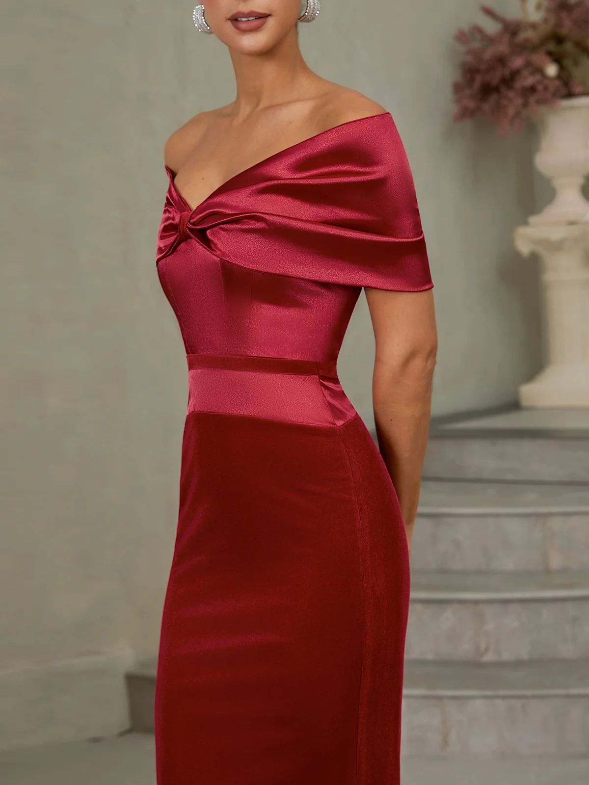 Wine Red Velvet Off The Shoulder Short Sleeve Sheath Maxi Dress