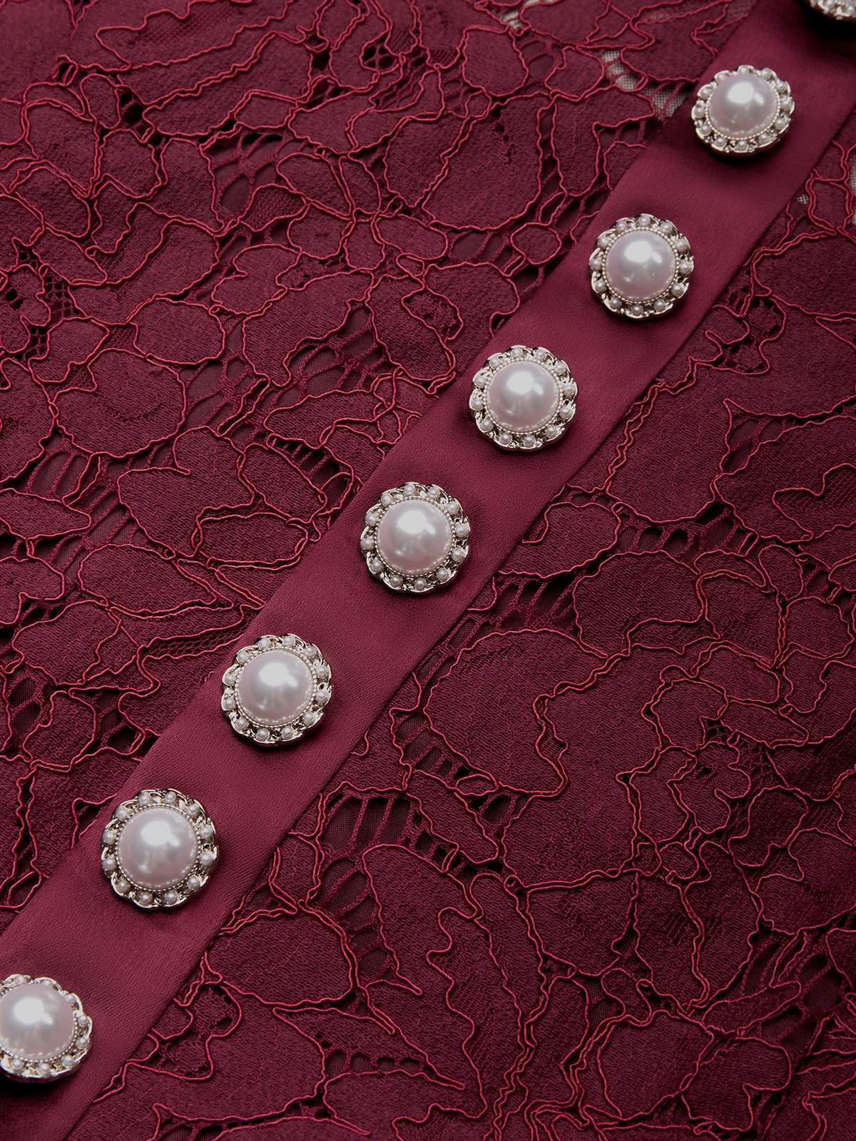 Wine Red Buckle Lace Classic Mock Neck Short Sleeve Mermaid Maxi Dress