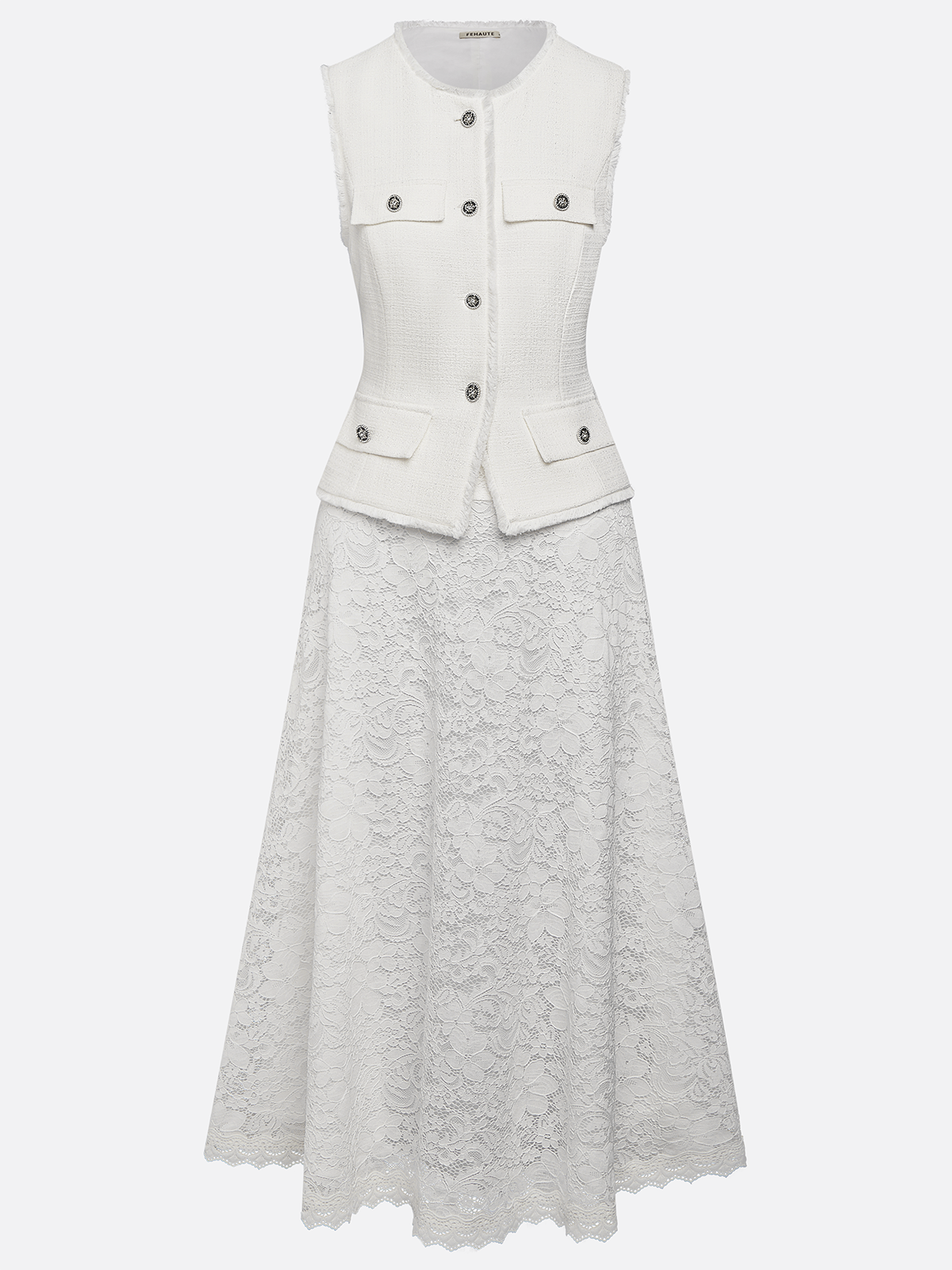 Women Tweed White Buckle Pocket Stitching Crew Neck Sleeveless Dressy Coat With Skirt Two-Piece Set