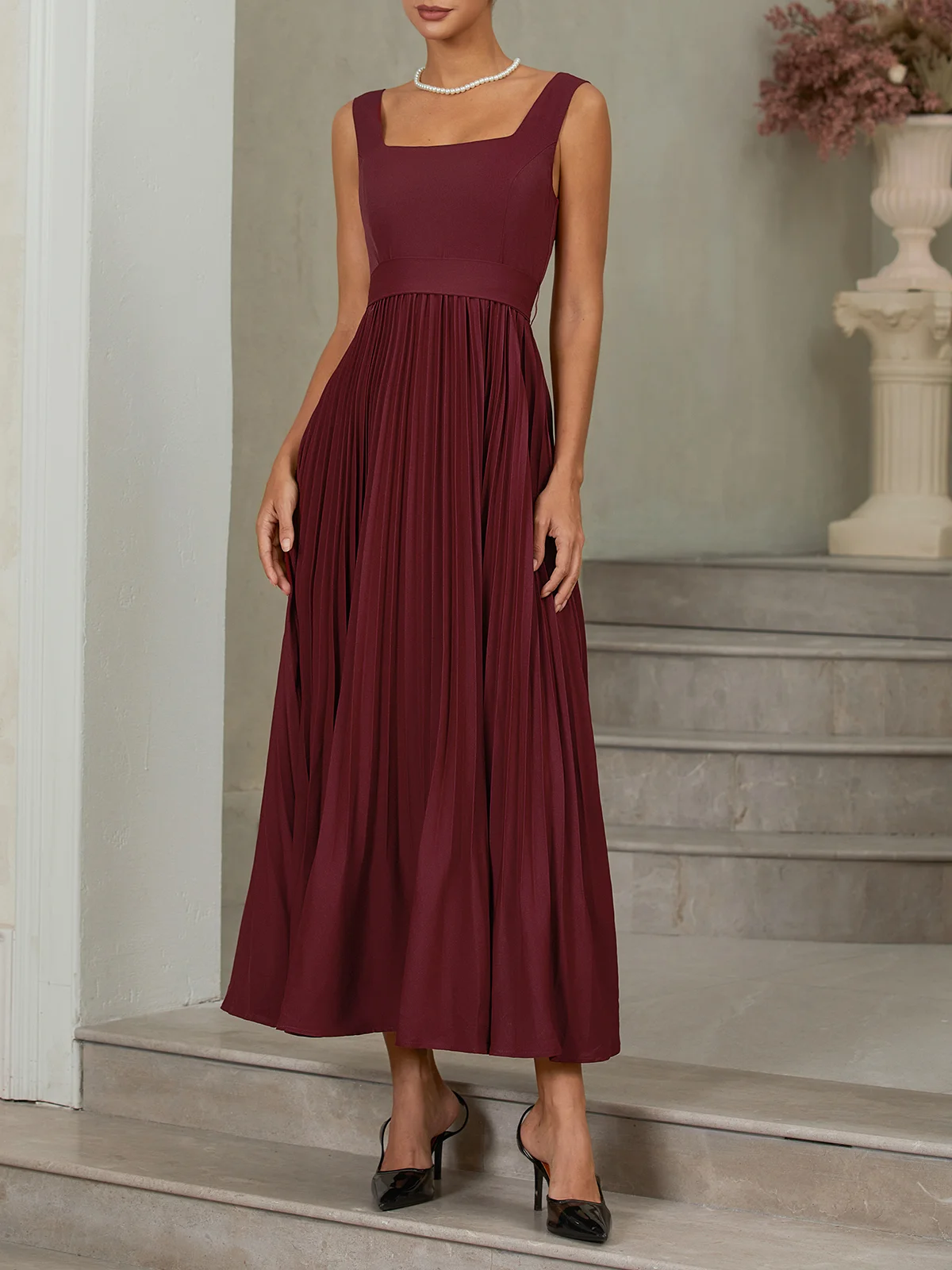Wine Red Pleated Classic Square Neck Sleeveless A-Line Maxi Dress