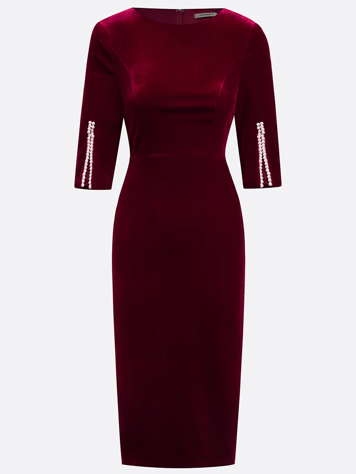 Wine Red Imitation Pearls Velvet Boat Neck Half Sleeve Sheath Midi Dress