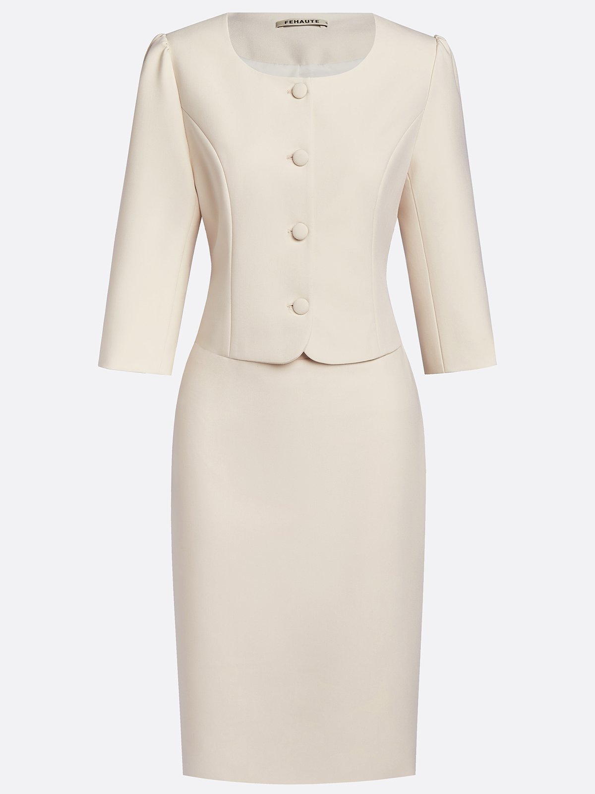 Women Beige Buckle U-Neck Half Sleeve Dressy Coat With Skirt Two-Piece Set