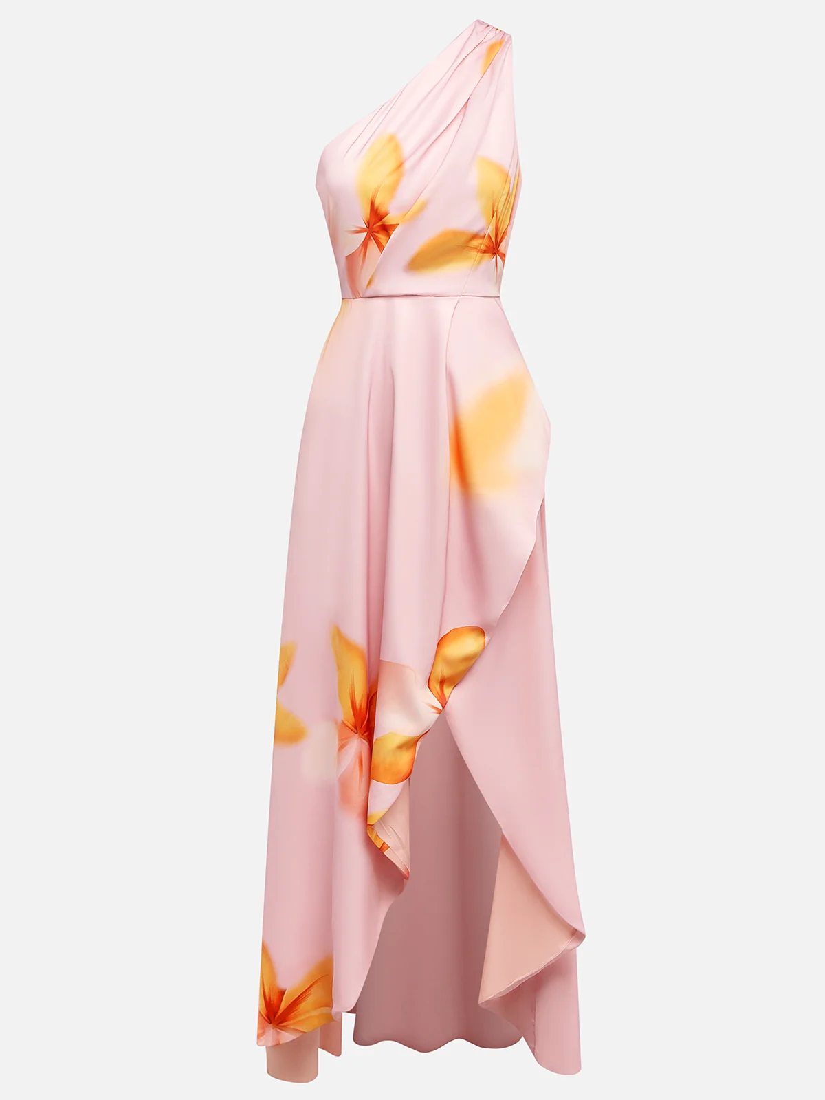 Orange Pink Floral One-Shoulder Slit A-Line Gown