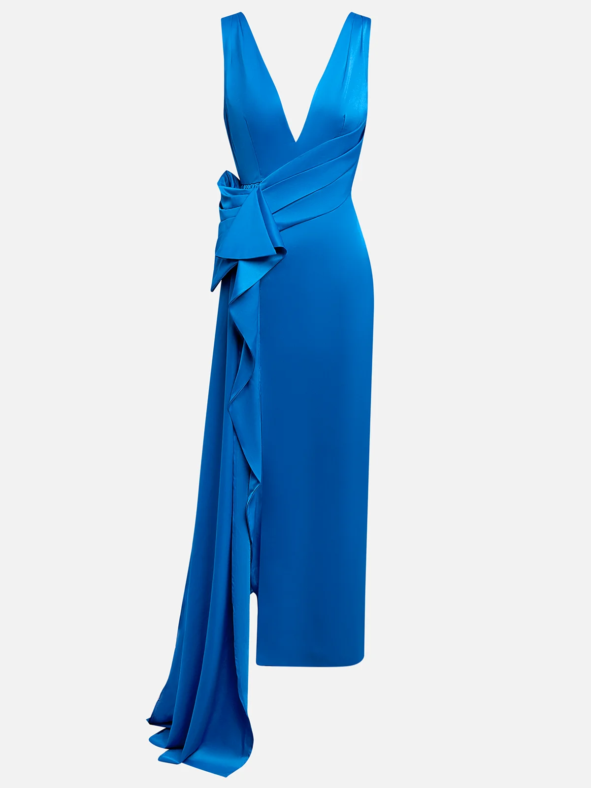 Royal Blue Bow Asymmetric Satin V Neck Sleeveless A-Line Maxi Dress