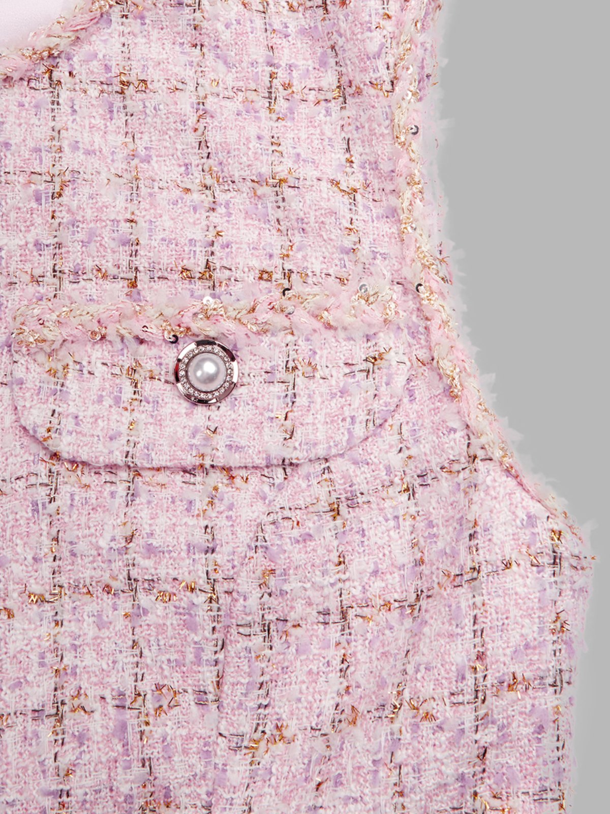 Women Pink Tweed Buckle Stitching Lace Crew Neck Sleeveless Dressy Coat With Skirt Two-Piece Set