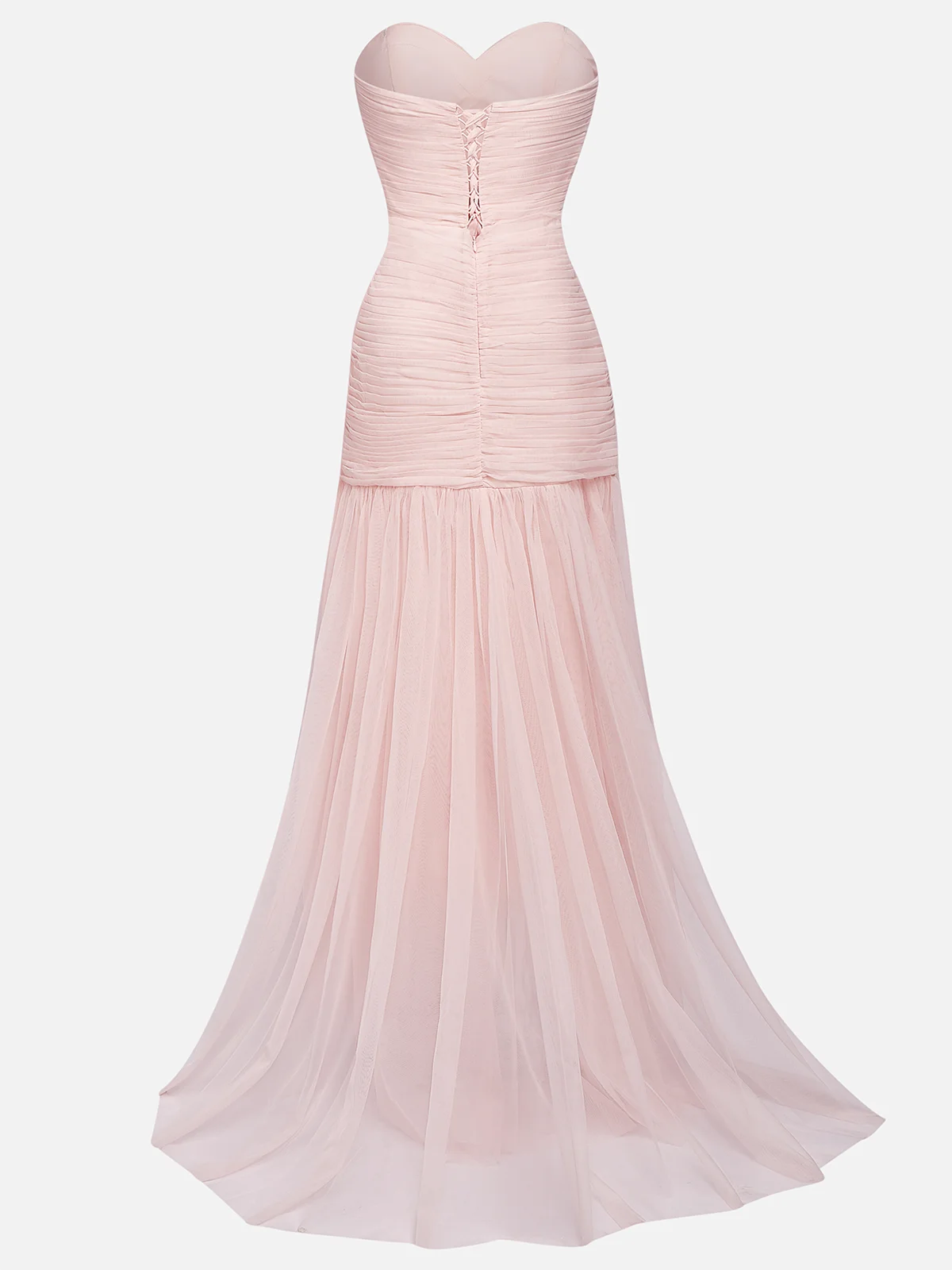 Pink Ruched Slit Tulle Strapless Sleeveless Sheath Gown Dress