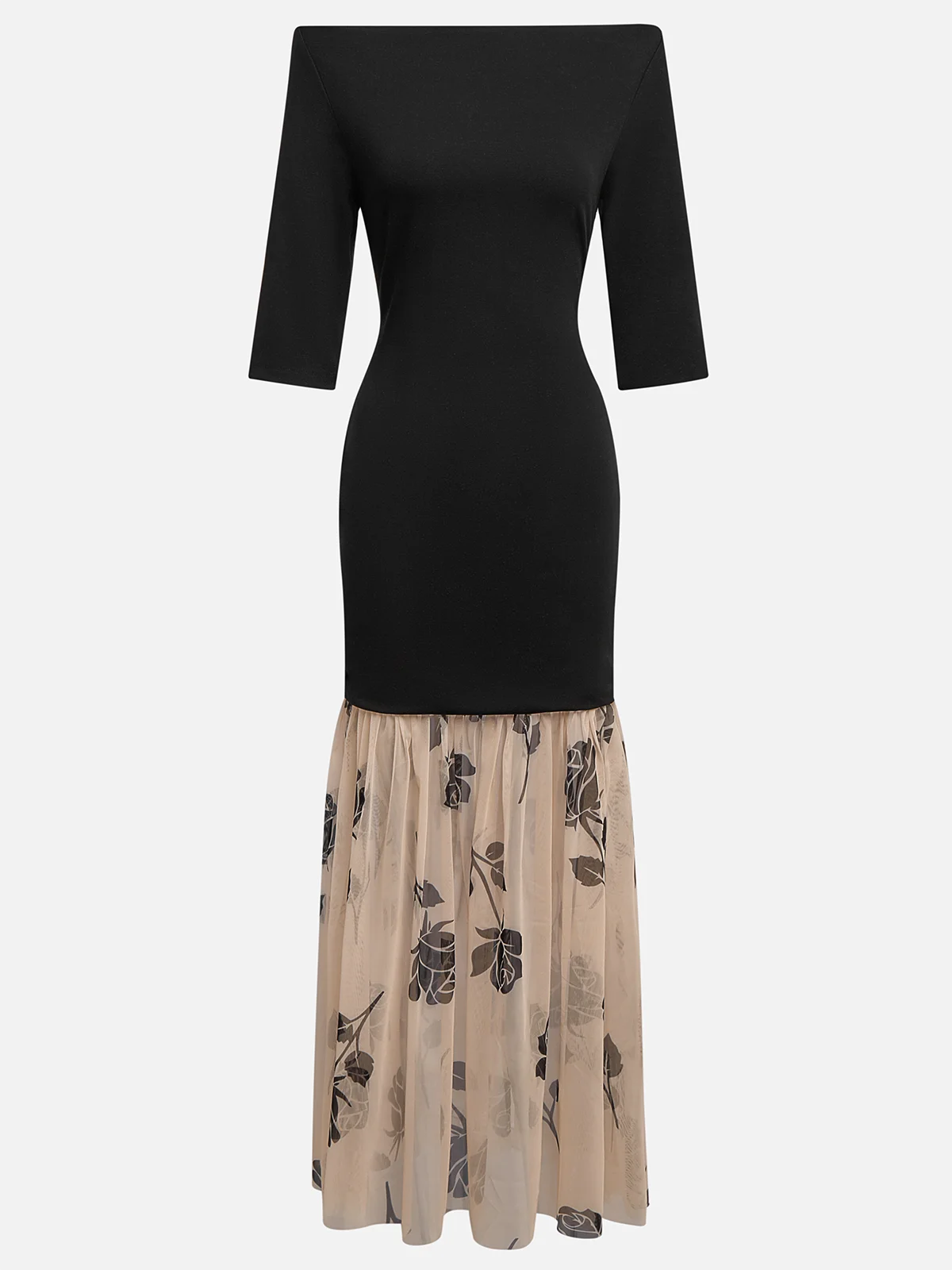 Black Floral Rose Knit Off The Shoulder Half Sleeve Off Shoulder Sleeve Mermaid Maxi Dress