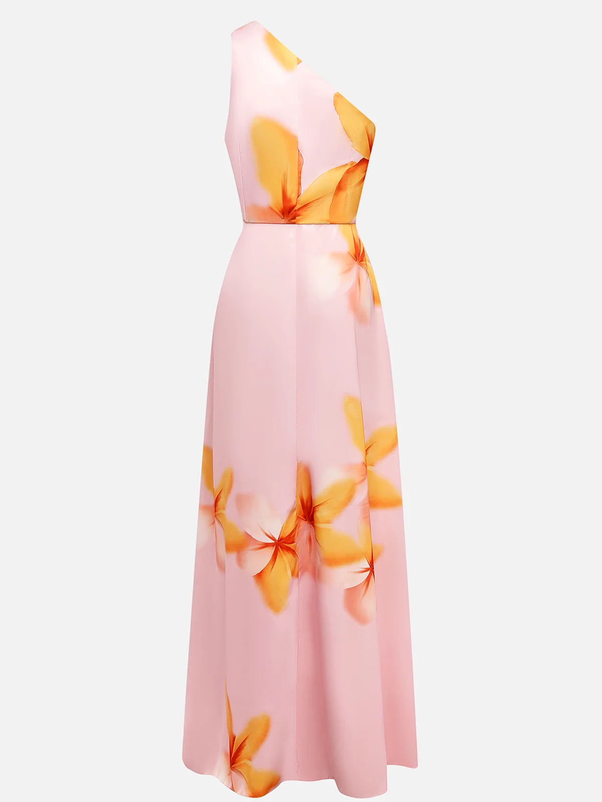 Orange Pink Floral One-Shoulder Slit A-Line Gown