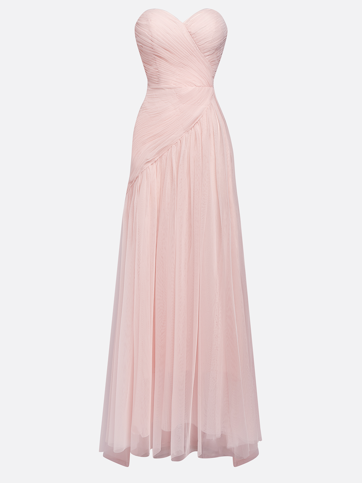 Pink Ruched Slit Tulle Strapless Sleeveless Sheath Gown Dress