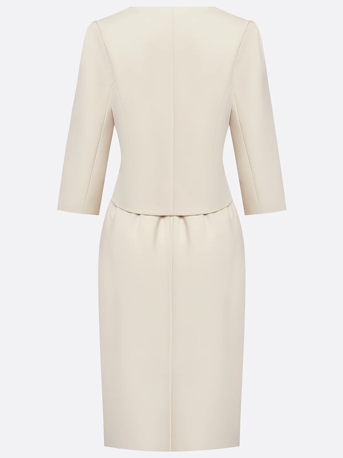 Women Beige Buckle U-Neck Half Sleeve Dressy Coat With Skirt Two-Piece Set