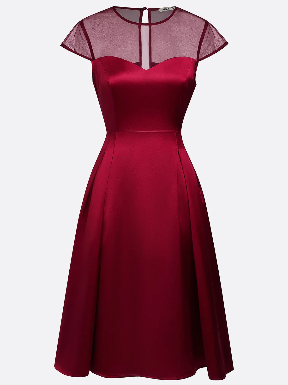 Wine Red Mesh Satin Crew Neck Short Sleeve A-Line Midi Dress