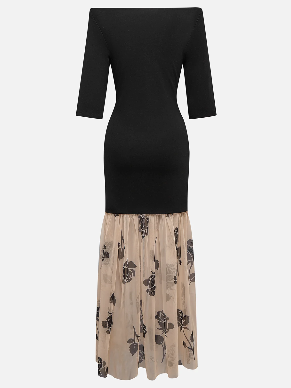 Black Floral Rose Knit Off The Shoulder Half Sleeve Off Shoulder Sleeve Mermaid Maxi Dress