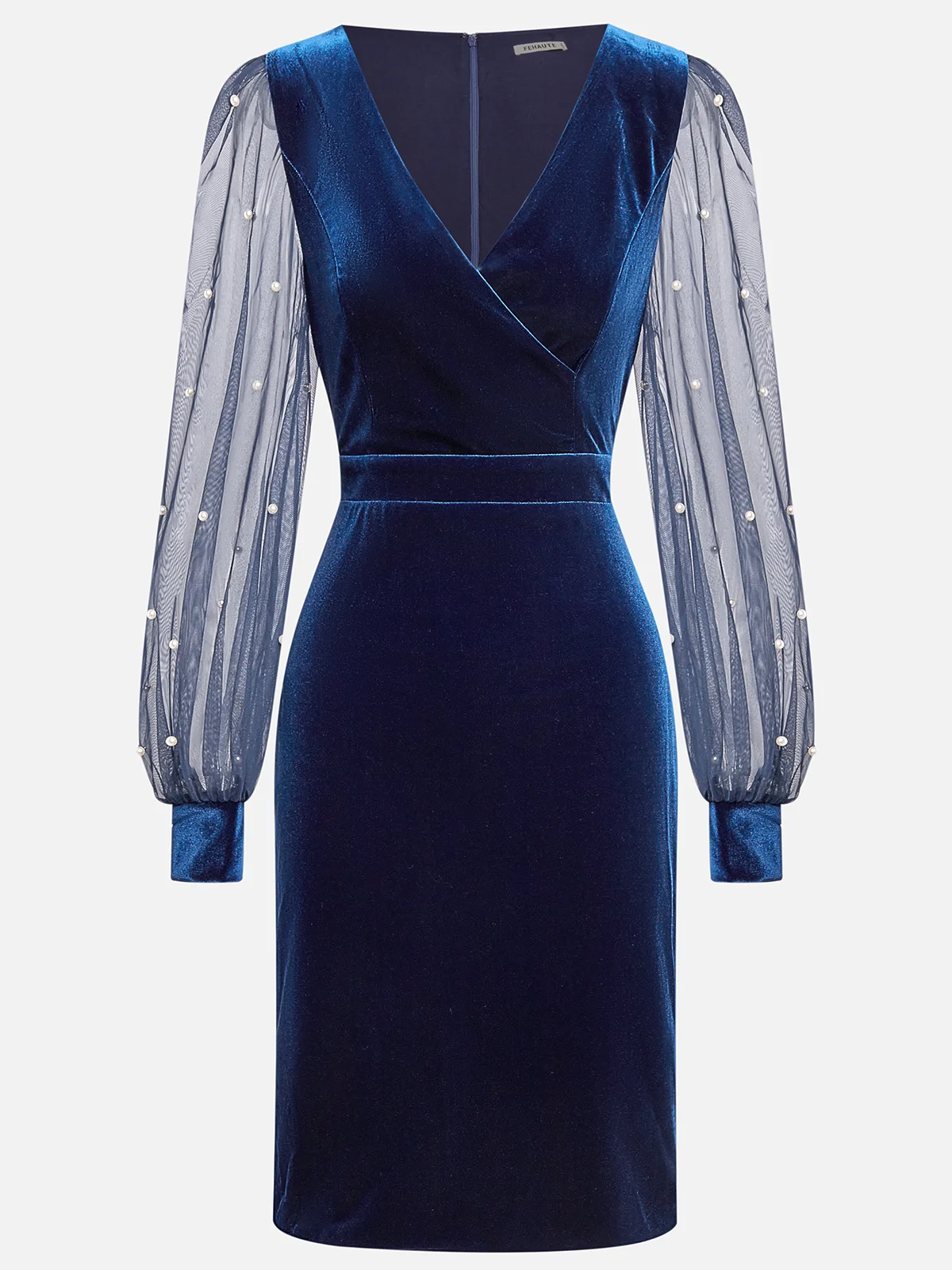 Navy Blue Mesh Imitation Pearls Velvet V Neck Long Sleeve Balloon Sleeve Sheath Midi Dress