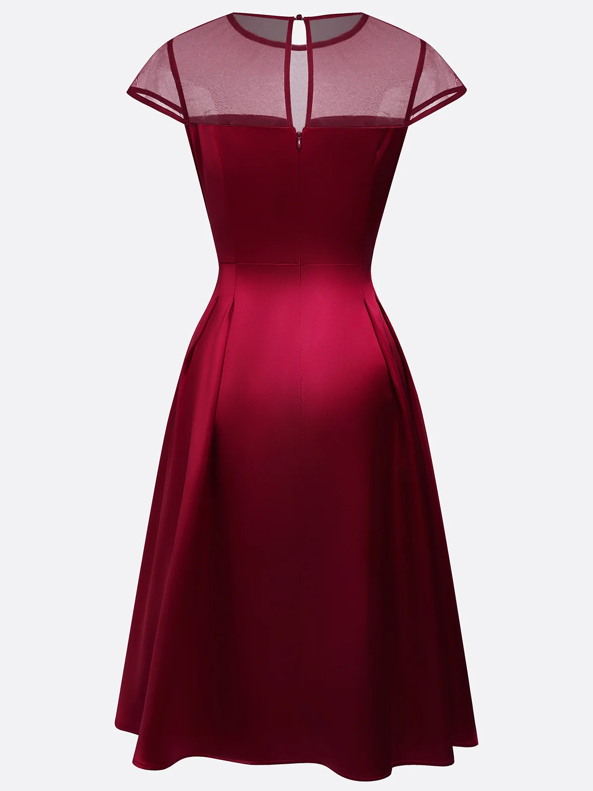 Wine Red Mesh Satin Crew Neck Short Sleeve A-Line Midi Dress