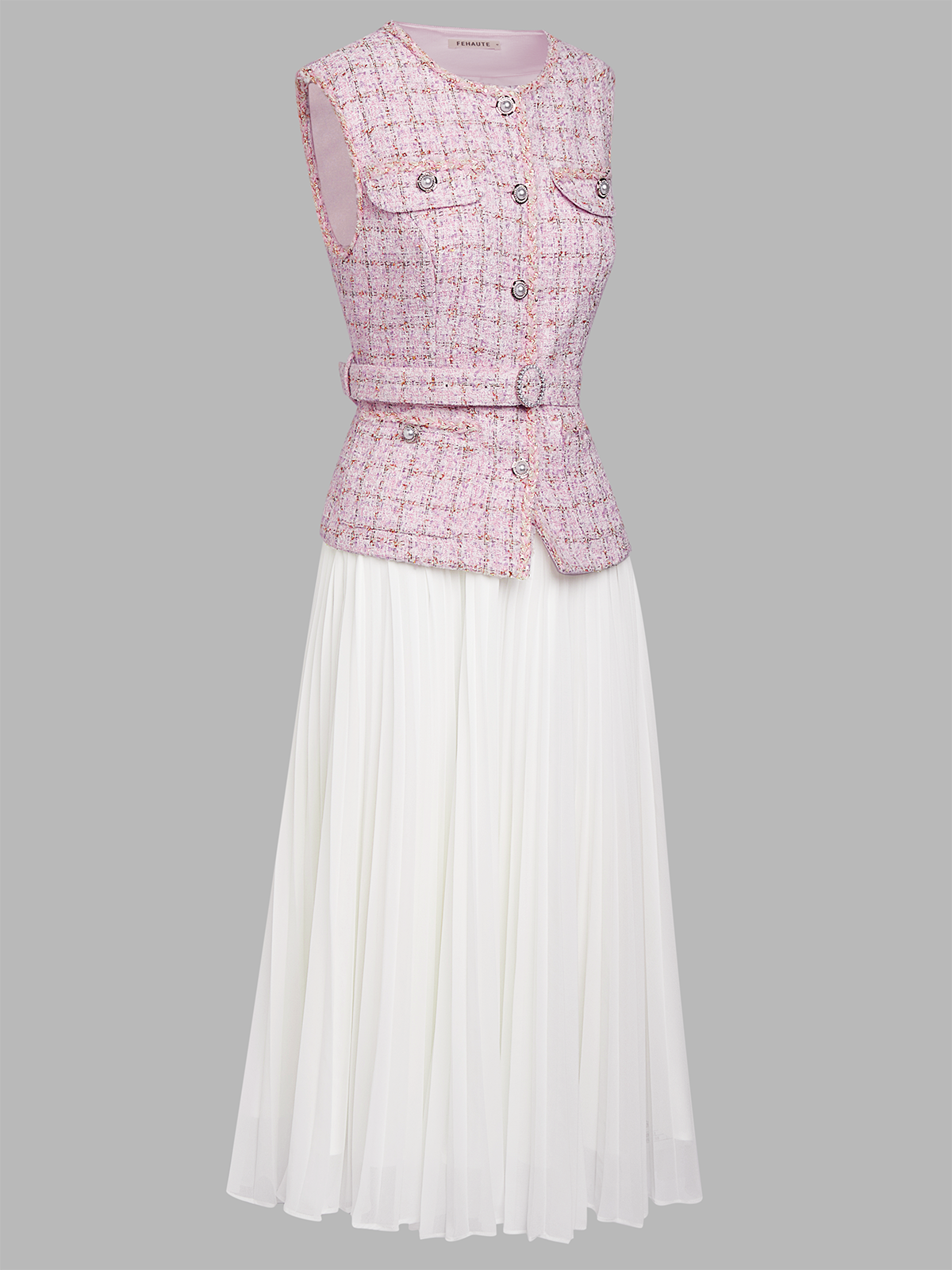 Women Pink Tweed Buckle Stitching Lace Crew Neck Sleeveless Dressy Coat With Skirt Two-Piece Set
