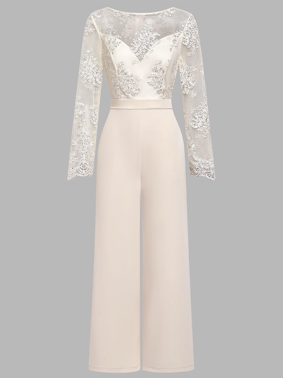 Women Apricot Lace Boat Neck Long Sleeve Regular Sleeve Dressy Jumpsuit