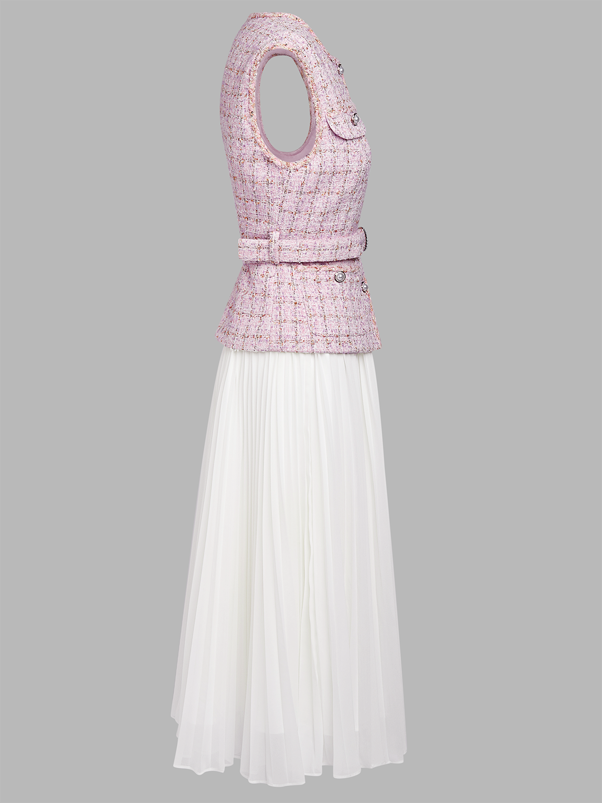 Women Pink Tweed Buckle Stitching Lace Crew Neck Sleeveless Dressy Coat With Skirt Two-Piece Set