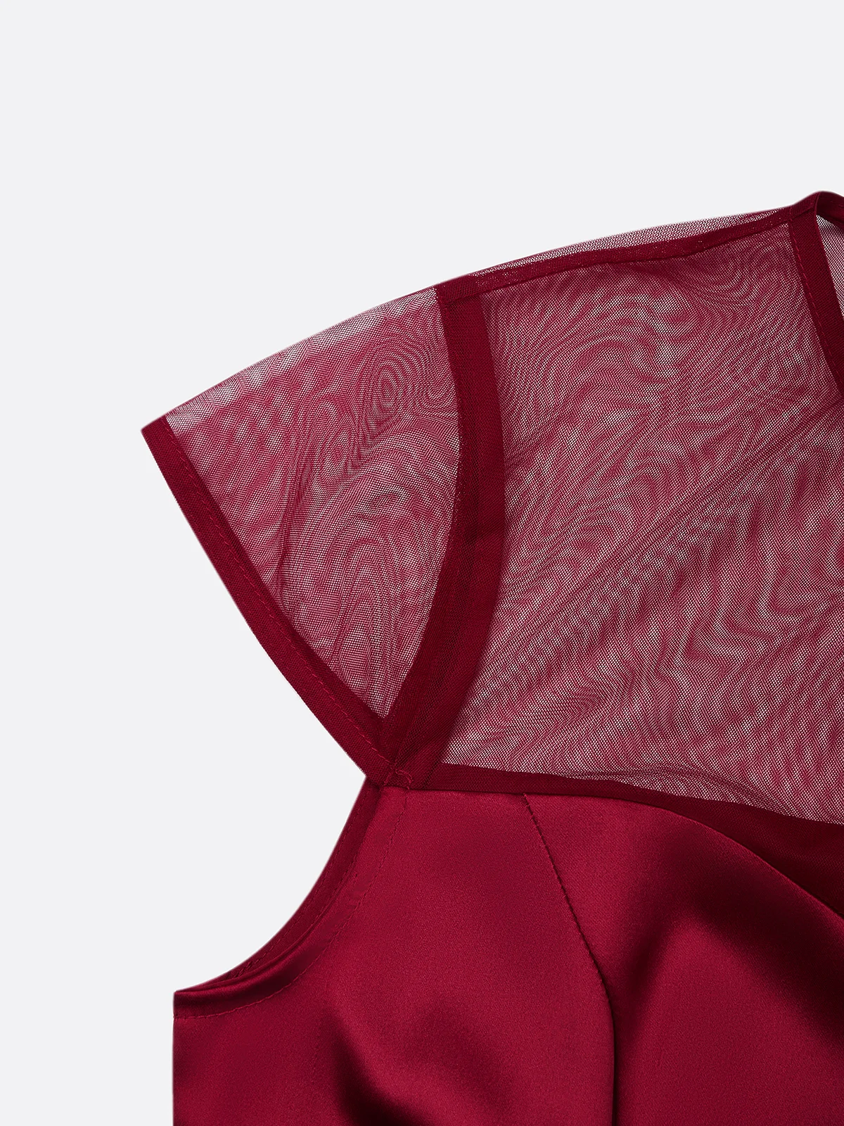 Wine Red Mesh Satin Crew Neck Short Sleeve A-Line Midi Dress