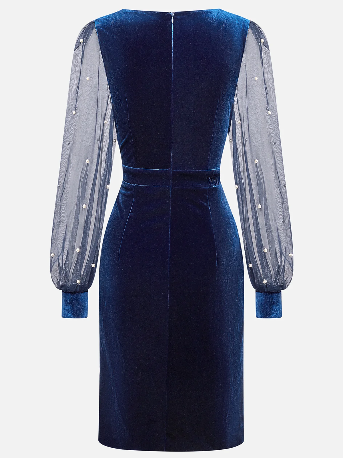 Navy Blue Mesh Imitation Pearls Velvet V Neck Long Sleeve Balloon Sleeve Sheath Midi Dress